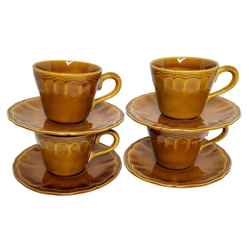 Amber Brown Ceramic Teacup and Saucer Set - 4-Piece